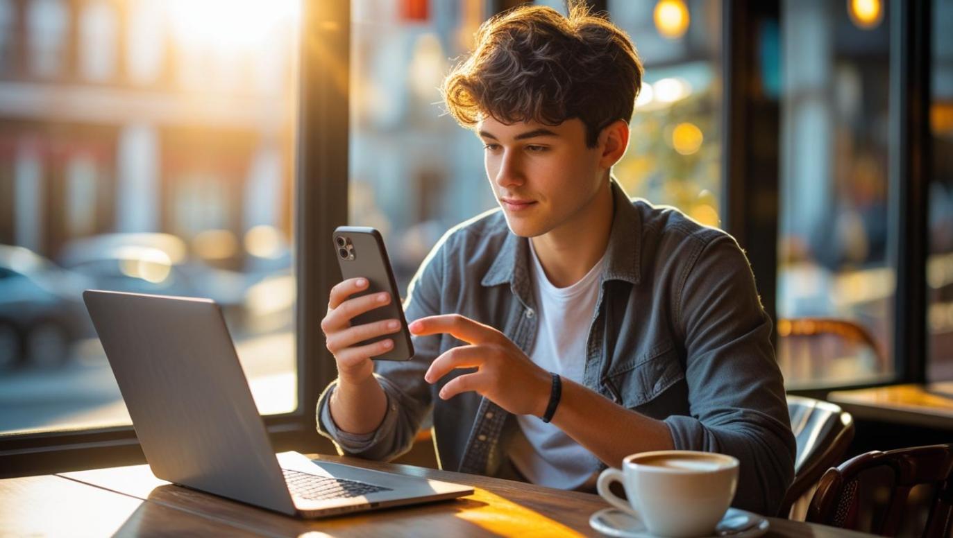 Young marketer managing Instagram on phone in bright cafe with natural lighting.