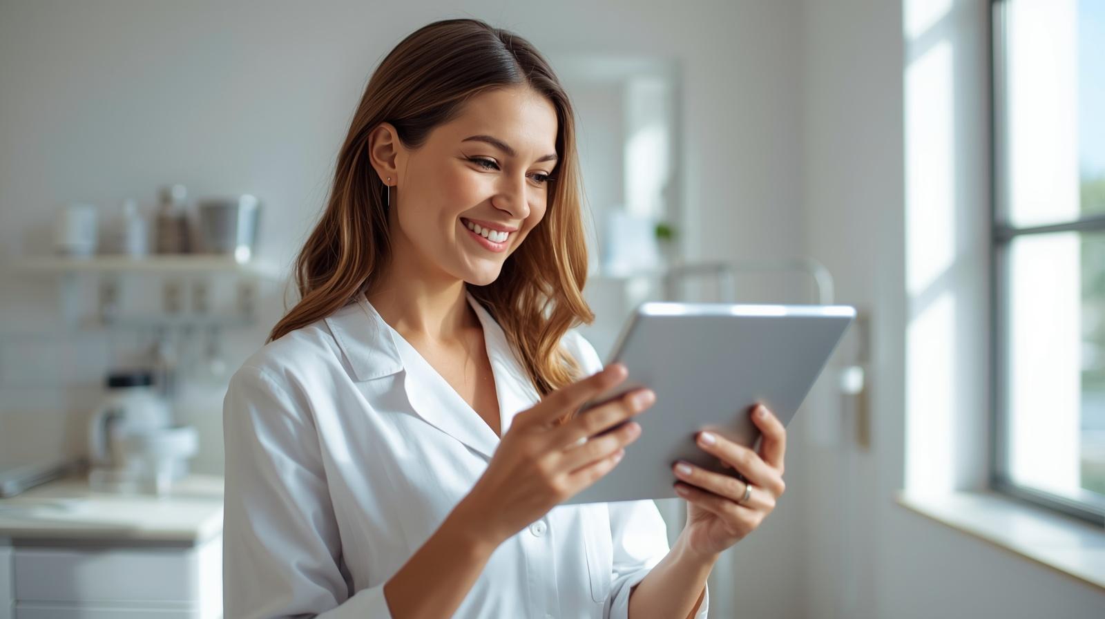 Aesthetic clinic professional uses mobile technology for improved patient communication and engagement today.