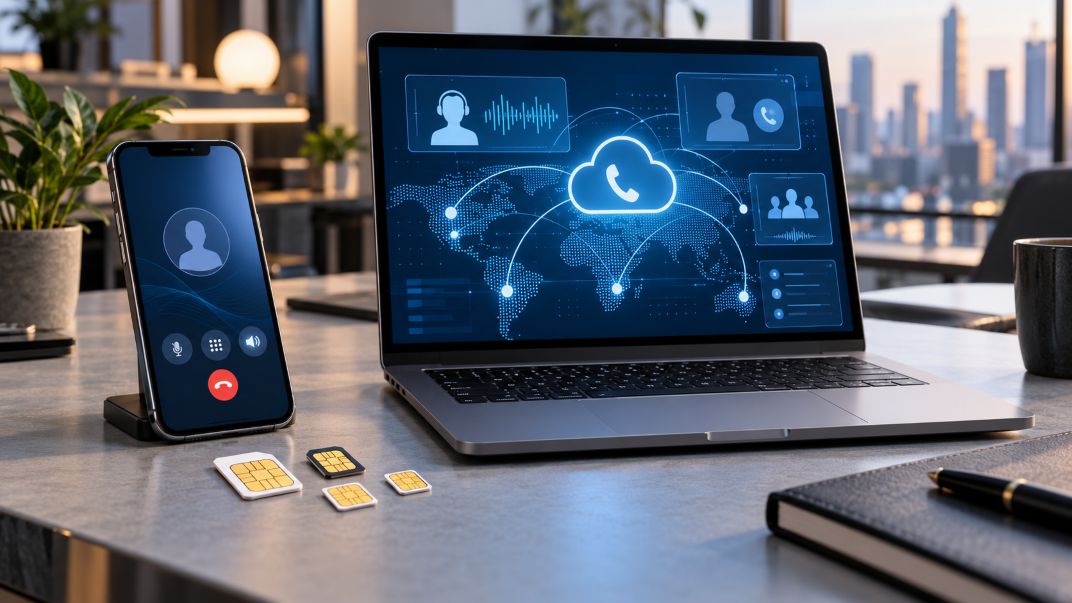 smartphone, physical SIM cards, and a laptop